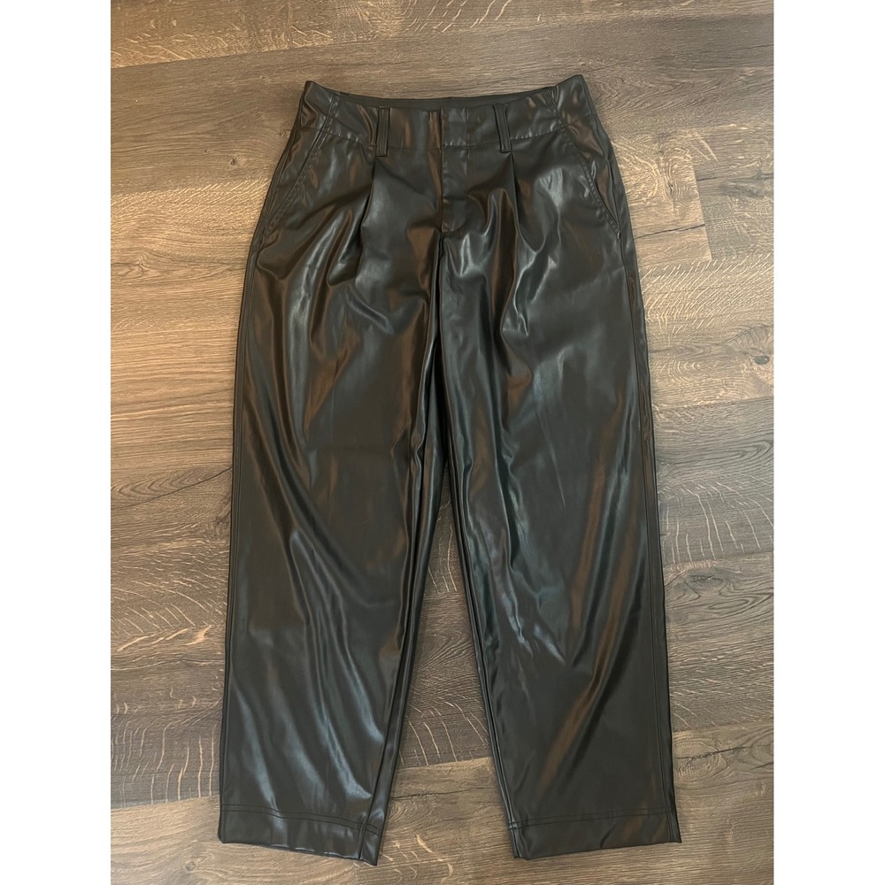 A New Day Faux Leather Pants Pleated High Waist Cropped Black Size 8
